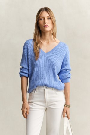GANT Damen V-Neck Pullover mit Zopfmuster (L) Blau