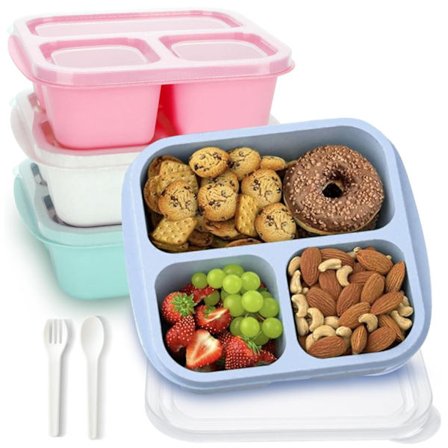 Snackbehållare, återanvändbara 4-delade Bento Snack Box Matlådor med Snacks, Frukter, Nötter, Kakor, Godis