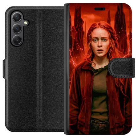 Kompatibelt Plånboksfodral till Samsung Galaxy S23 FE Porträtt av en ung kvinna med rött hår i en apokalyptisk landskap, röda blixtar och mörka