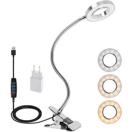 360° fleksibel LED-klemmelampe, 3 moduser og 10 dimmenivåer - Fleksibel klemmelampe for hodegjerde, soverom, kontor 12W sølv