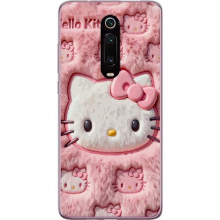 Kompatibel Mobilcover til Xiaomi Mi 9T Pro Hello Kitty lyserød fluffy baggrund med ikonisk ansigt og kawaii-æstetik
