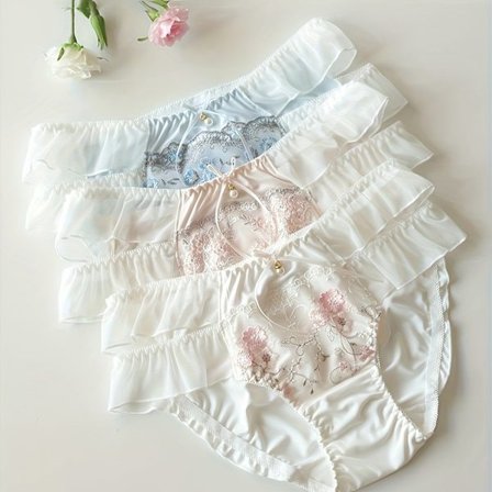 3 stk. japansk-inspirerede dame trusser med medium talje, broderi, sommer kølig og åndbar med blondekant og sløjfe.