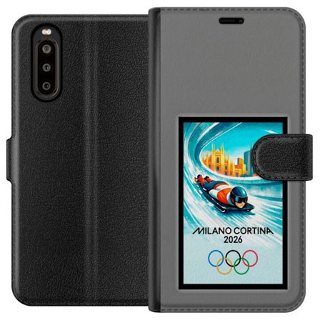 Yhteensopiva Lompakkokotelo Sony Xperia 10 II Dynaaminen kelkkailija tai skeleton-ajaja jääkanavalla Milanon Cortina 2026 kanssa, kaupunkinäkymä ja ol