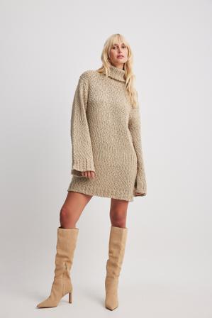 NA-KD Strukturerad stickad tröjklänning med turtleneck - Höstklänningar - Beige - XX-Small/X-Small