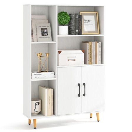 COSTWAY kirjahylly, jossa kaksiovet ja 5 avointa osastoa, kallistuksenestolaite, olohuoneeseen, toimistoon, valkoinen