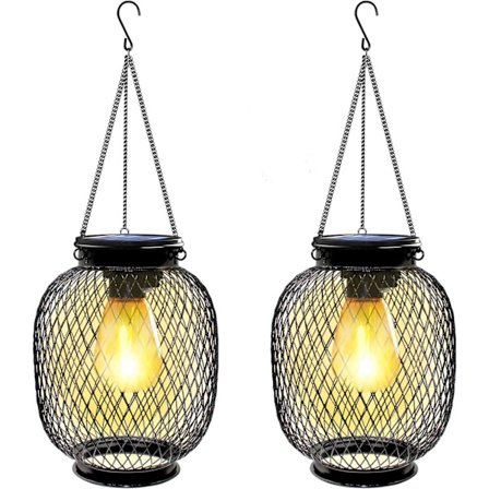 Hængende Solar Udendørs Havelampe IP65 Vandtæt 2 Stk Metal Solar Lanterne med LED Pære Solar Balkonlampe til Veranda Gårdhave Have