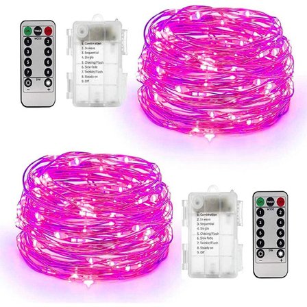 Julgransbelysning med fjärrkontroll, batteridriven, 50 LED-lampor, 16 fot, för trädgårdsdekoration, röd, 2-pack