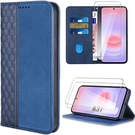 Cover + 2 Tempered Glasses til Samsung Galaxy A37 5G, Stødabsorberende Syntetisk Læder Mørkeblå Mosaikmønster