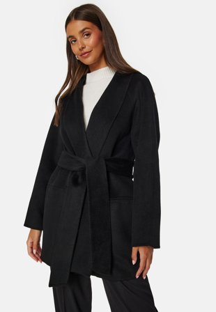 Bubbleroom - Belted Wool Coat - Black - Kläder