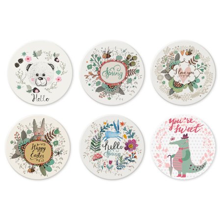 Set med 6 glasunderlägg med hållare för dryckesmugg, runda keramiska stenunderlägg, korkunderlägg för bord