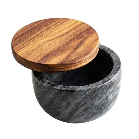 Marmorburk med lock i akaciaträ med lock marmor saltburk kryddburk förvaringsburk (svart + sked)