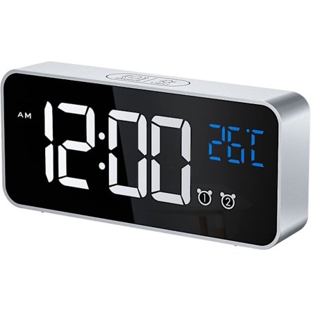 Digital vekkerklokke, LED digital klokke Digital vekkerklokke Temperatur/snooze/2 alarmer/12/24 timer/USB-ladepunkt/16 musikk (sølv)