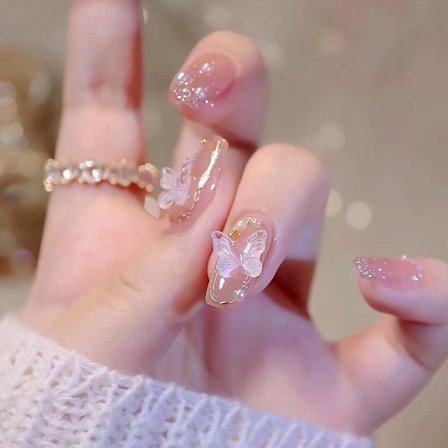 Pink Press on Nails Medium Fake Nails Coffin Nails for Women with Butterfli