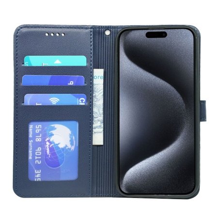 Fodral för iPhone iPhone 16 Plus blått PU-läder Liten Rund Knapp Fotoram Magnetisk