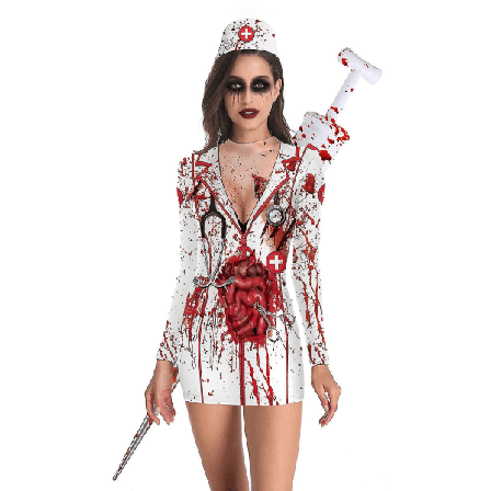 Dame Halloween Party Skrekk Kostymer Bloody Nurse Zombie Dress Cosplay Sexy Dame Rund Hals Langermet Pakke Hip Kjole Size B XXL