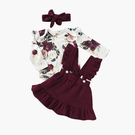 Long Flare Sleeve Blomstermönster Girl Romper Strap Kjol Headba