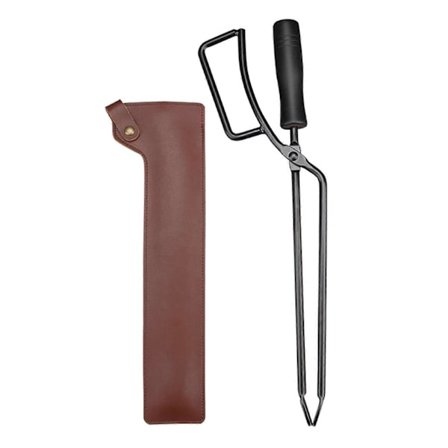 Suuret takkapihdit puukahvalla, tukin nostotyökalu, nuotio