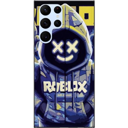 Kompatibelt Mobildeksel til Samsung Samsung Galaxy S22 Ultra 5G Blågul Roblox hettegenserfigur med minimalistisk neonstil og masket ansikt, moderne s