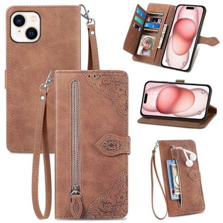 Velegnet til iPhone mobiltelefoncover - mobiltelefon læder flipcover med præget kortholder, brun iPhone 11 Pro