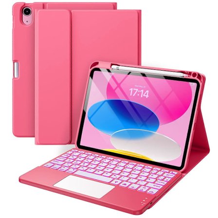 Tastaturdeksel for iPad 10. gen 2022 og iPad 11. gen A16 2025, 11/10,9 tommer, rosa, multi-touch styreflate, 7 farger bakgrunnsbelysning, QWERTZ-