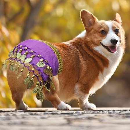 Koiran vatsatanssiasu, jossa paljettivyötäröketju ja lantiota heiluttava hame - Vatsatanssiasu sopii koiralle, corgille, pennun syntymäpäiväjuhliin