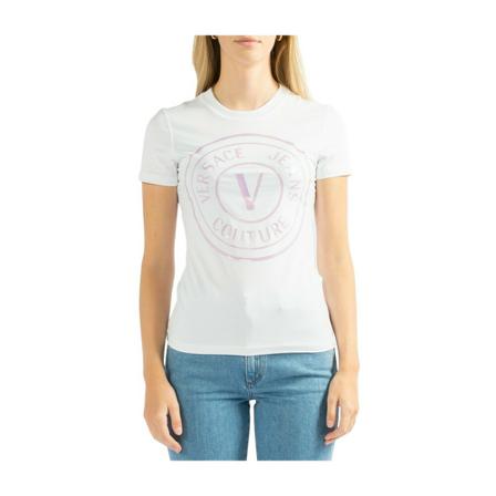 Versace Jeans Couture, V-Emblem Holo T-Shirt Wit, Dames, Maat:L,stretch