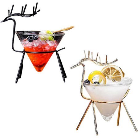 Martiniglass uten stett, sett med 2 cocktailglass med hjorteformet holder, kreativt barglass, gavesett for Margarita, Cosmopolitan, M