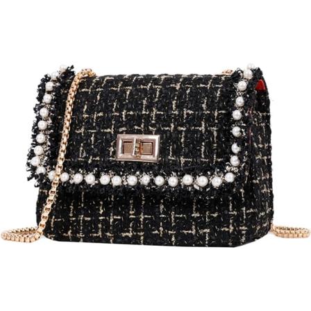 Veske og håndvesker for kvinner Mote Tweed Perle Topphåndtak Veske Skulder Tote Perlekjede Crossbody Clutch Bag