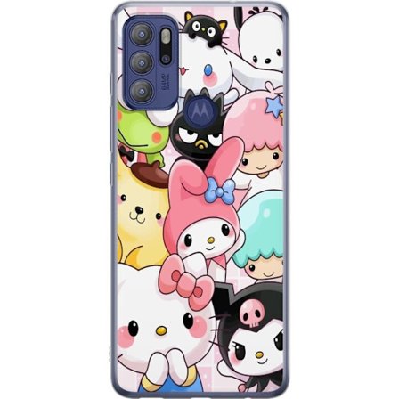 Kompatibelt Mobildeksel til Motorola Moto G60S Tett mønster av søte figurer med store øyne i ulike farger og uttrykk med LABUBU-tekst