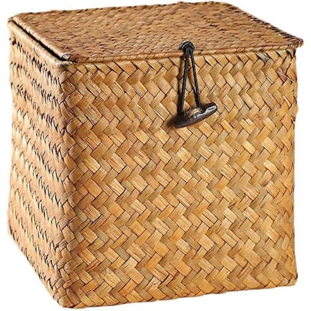Opbevaringskurv i stråflet med låg, firkantede fletkurve, teopbevaringsboks med låg, organizer, boligdekoration (medium)