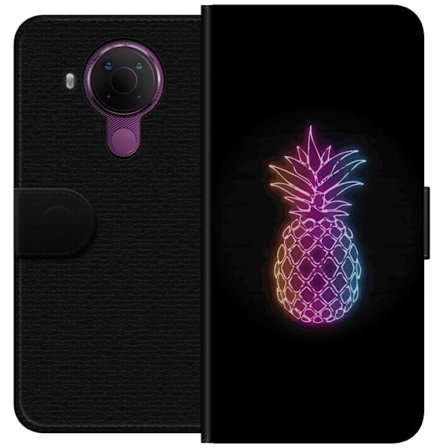 Kompatibelt Lommeboketui til Nokia Nokia 5.4 Neonlysillustrasjon av ananas i fargerikt lys mot svart bakgrunn