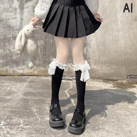 Japan Lolita Spetsstrumpor Dam Söta Kowknot Höga Knästrumpor
