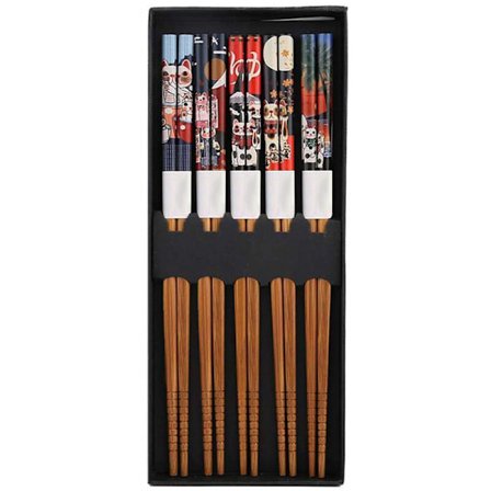 Syömäpuikot 5 parin sarja, bambu luonnolliset uudelleenkäytettävät syömäpuikot, Lucky Cat syömäpuikot lahjasetti