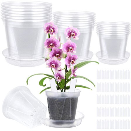 3 storlekar 18-pack plastkrukor, transparenta krukor med bricka och 100 st etiketter, armégrön