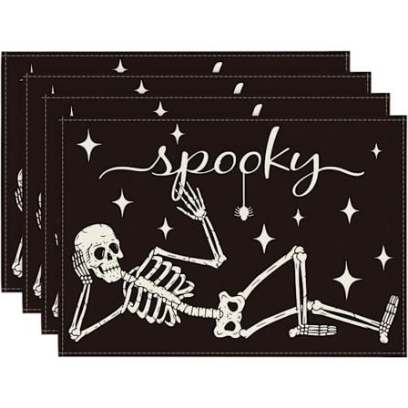 Spooky Skelet Halloween Bordløbere Sæt af 4, 12x18 Tommer Sæsonbestemte Bordløbere til Fest Køkken Spisestue Dekoration