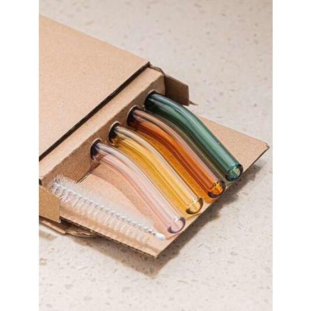 Set (4 sugrör + 1 borste) Färgglada sugrör i glas - Återanvändbara, värmebeständiga sugrör i glas, perfekta för utomhusbruk, restaurang, picknick, 