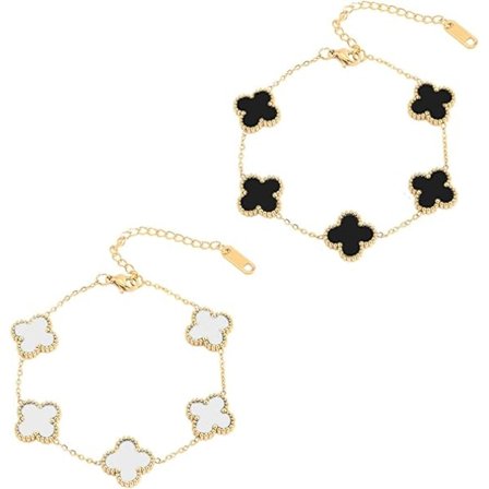 Klöverarmband Guld, 2 ST Van Cleef Armband, Enkel Design Fyrklöverarmband för Flickor och Damer, Lyckobringande Armband (Svart+Vit)