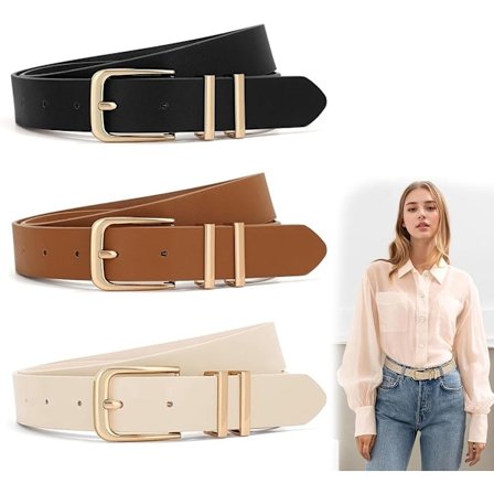 Bælter - 3 stk. - Damebælte - Buksebælter - Gave til kvinder - Damebælte - Guldspænde - Jeansbælte - Læderbælte til kvinder - Damebælte -