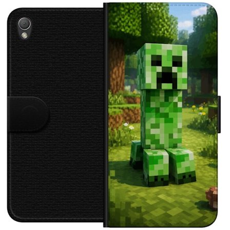 Kompatibelt Plånboksfodral till Sony Sony Xperia Z3 Block-baserad Creeper-figur i en grön pixell värld, ikonisk spelillustration för barnrum, game