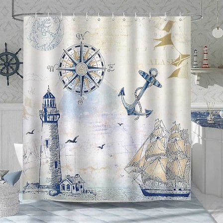 Nautisk Bruseforhæng Fyrtårn Sejlbåd Kompas Anker 180 X 180 Cm Badeforhæng Polyesterstof