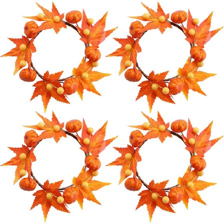 4 stk. lysringe, lysringskranse, blomsterpillesring med ahornblad og græskar, til bordfest Thanksgiving Halloween-indretning