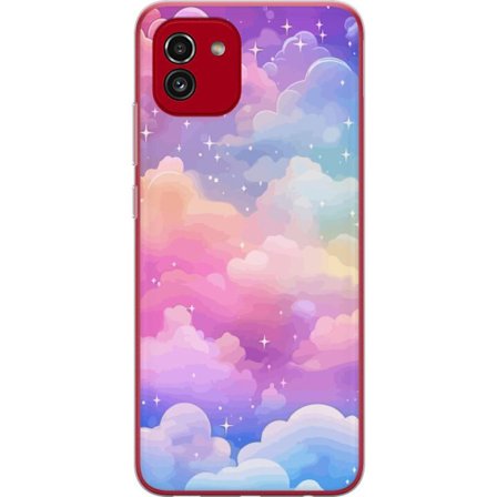 Kompatibelt Mobildeksel til Samsung Galaxy A03 Søt enhjørning med regnbuefarget hår mot en stjernebelagt pastellbakgrunn i kawaii-stil