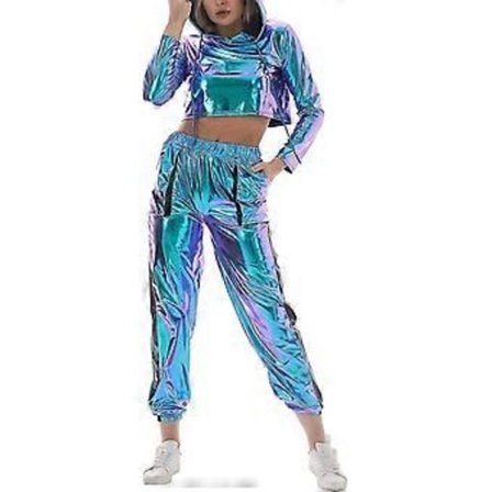 Dame Rave Outfit Skinnende Cropped Top Hættetrøje Metallisk Afslappet Lange Bukser Hætte Workout Sweatshirt Disco Danse Clubwear (Large Blue)