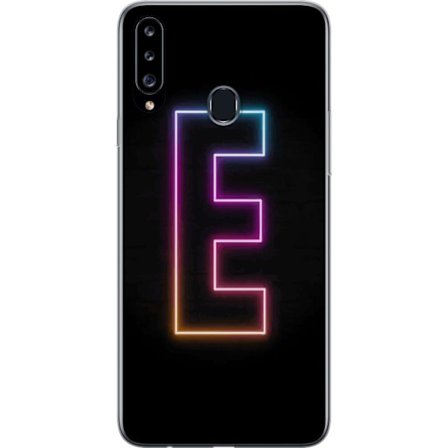 Kompatibel Mobilcover til Samsung Samsung Galaxy A20s Minimalistisk neonbogstav E i lyse farver mod mørk baggrund i moderne og stilren design