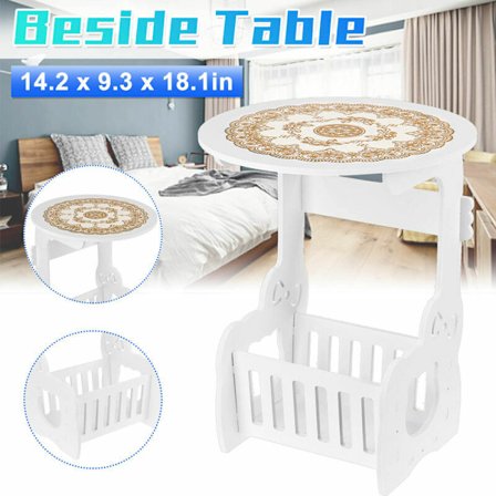 Hvit Liten Rund Side End Table Ved Siden Av Kaffebord Te Pult Oppbevaring Organizer Rack