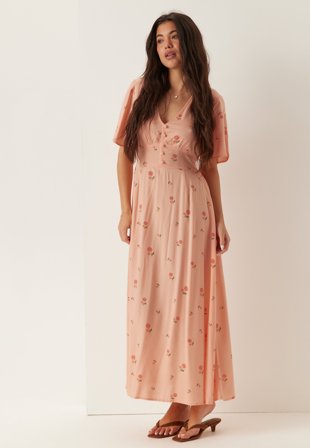 BUBBLEROOM - Butterfly Sleeve Viscose Maxi Dress - Peach/Patterned