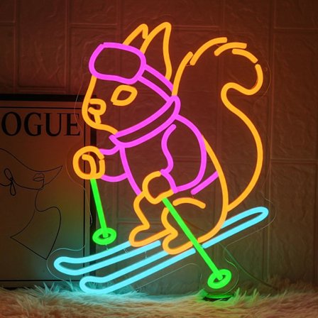 Orava hiihtää neonkyltti Orava lumilautailu neonvalot lastenhuoneen sisustukseen Eläin LED neonkyltit hiihtokaupan seinätaiteeseen, Led-seinäkoriste