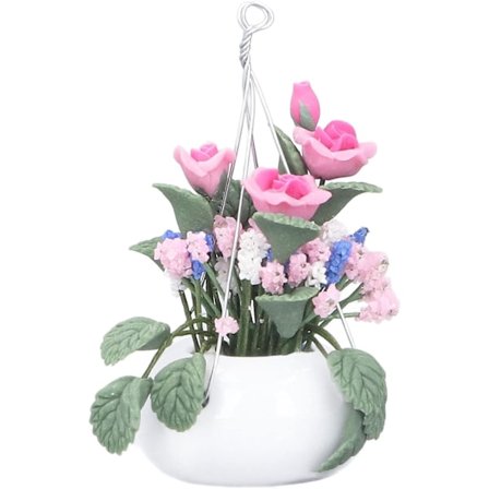 1:12 Dockhus Mini Lera Blomkruka Blomsterarrangemang Modell av Rosa Ros Hängande Kruka