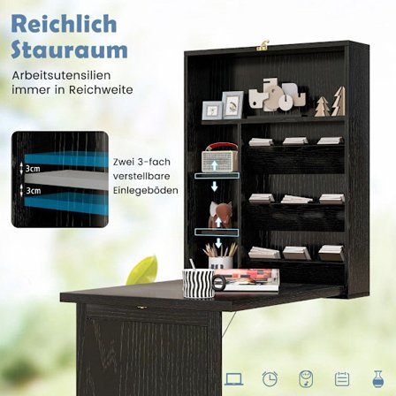 Väggmonterat hopfällbart skrivbord med förvaring, utrymmesbesparande design