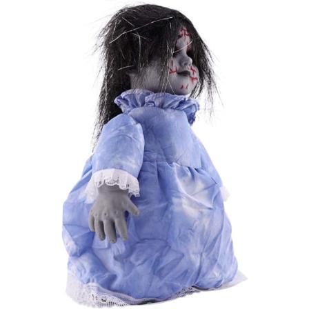 Halloween-aiheinen animoitu pelottava nukke, sähkökäyttöinen kävelevä nukkelelu, jossa hehkuvat silmät kauhuhalloween-koristeluun